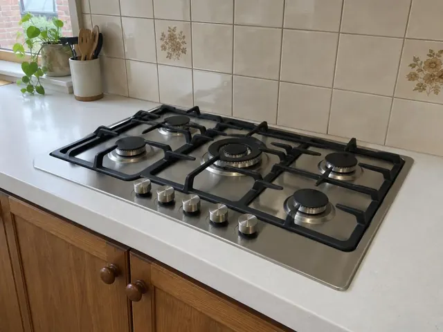 Stainless steel gas cooktop set into a benchtop with tiled splashback and timber cabinets in Elermore Vale