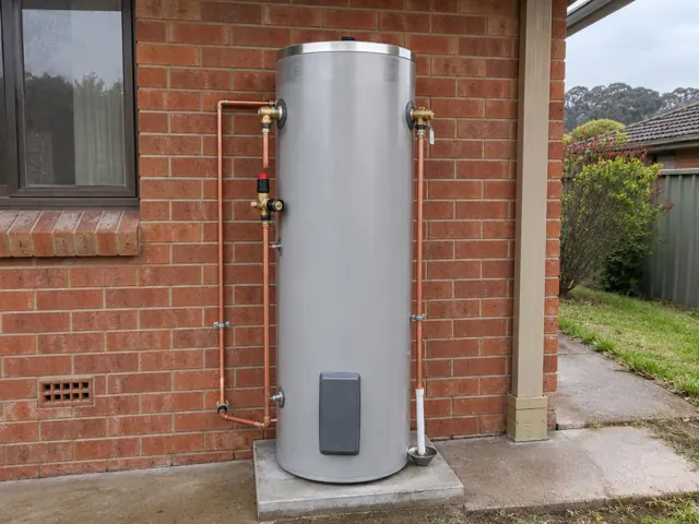 Outdoor hot water cylinder beside a brick wall and window on a concrete pad in New Lambton Heights
